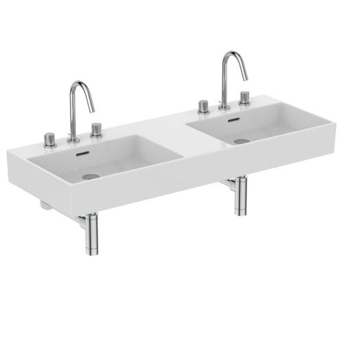Immagine di Ideal Standard EXTRA lavabo doppio rettangolare sospeso o da appoggio L.120 cm, 3 fori, con troppopieno, colore bianco T391001