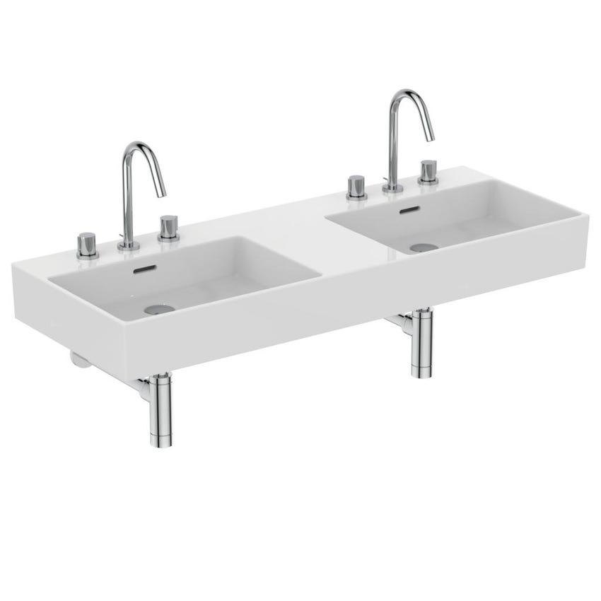 Immagine di Ideal Standard EXTRA lavabo doppio rettangolare sospeso o da appoggio L.120 cm, 3 fori, con troppopieno, colore bianco T391001