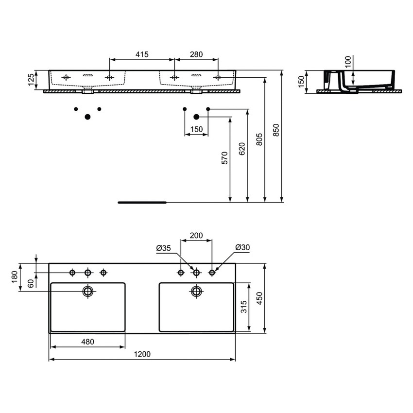 Immagine di Ideal Standard EXTRA lavabo doppio rettangolare sospeso o da appoggio L.120 cm, 3 fori, con troppopieno, colore bianco T391001