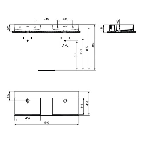 Immagine di Ideal Standard EXTRA lavabo doppio rettangolare sospeso o da appoggio L.120 cm, con troppopieno, colore bianco T391101