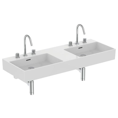 Immagine di Ideal Standard EXTRA lavabo doppio rettangolare da appoggio L.120 cm, 3 fori, con troppopieno, colore bianco T391401