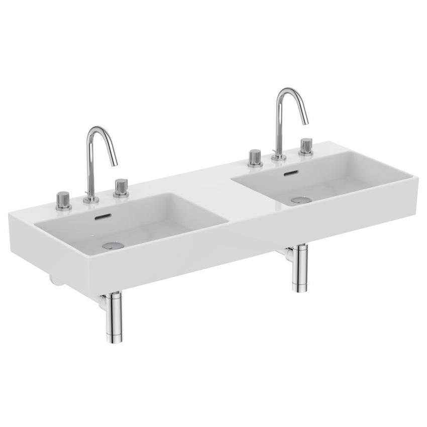 Immagine di Ideal Standard EXTRA lavabo doppio rettangolare da appoggio L.120 cm, 3 fori, con troppopieno, colore bianco T391401