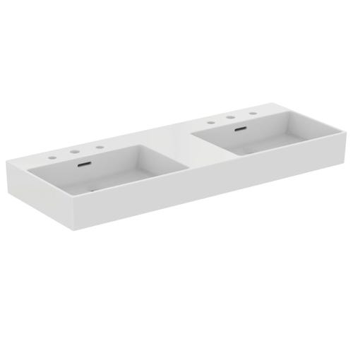 Immagine di Ideal Standard EXTRA lavabo doppio rettangolare da appoggio L.120 cm, 3 fori, con troppopieno, colore bianco T391401