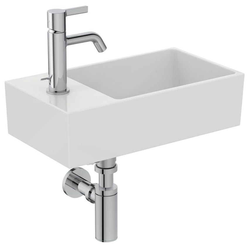 Immagine di Ideal Standard EXTRA lavamani asimmetrico sospeso o da appoggio L.45 cm, monoforo a sinistra, con troppopieno, colore bianco T373301