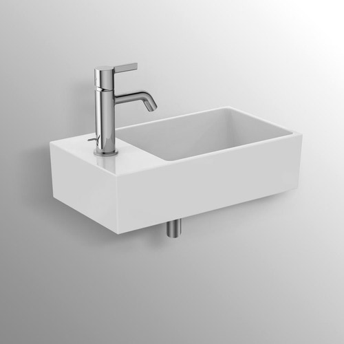 Immagine di Ideal Standard EXTRA lavamani asimmetrico sospeso o da appoggio L.45 cm, monoforo a sinistra, con troppopieno, colore bianco T373301
