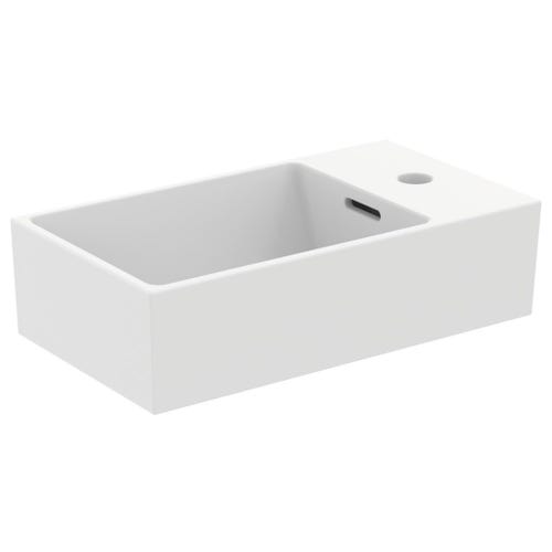 Immagine di Ideal Standard EXTRA lavamani asimmetrico sospeso o da appoggio L.45 cm, monoforo a destra, con troppopieno, colore bianco T373401