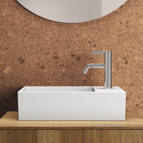 Immagine di Ideal Standard EXTRA lavamani asimmetrico sospeso o da appoggio L.45 cm, monoforo a destra, con troppopieno, colore bianco T373401