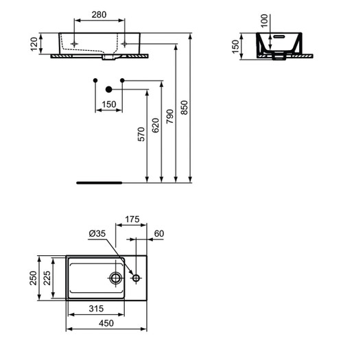Immagine di Ideal Standard EXTRA lavamani asimmetrico sospeso o da appoggio L.45 cm, monoforo a destra, con troppopieno, colore bianco T373401