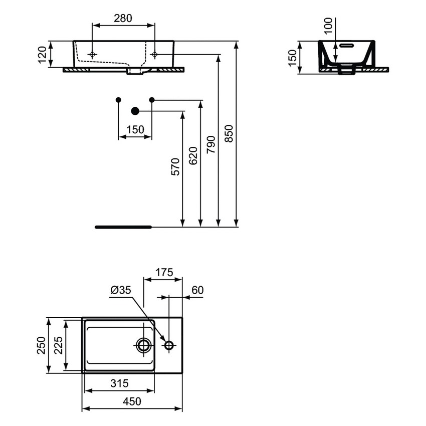 Immagine di Ideal Standard EXTRA lavamani asimmetrico sospeso o da appoggio L.45 cm, monoforo a destra, con troppopieno, colore bianco T373401