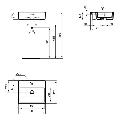 Immagine di Ideal Standard EXTRA lavabo rettangolare da semincasso L.50 cm, monoforo, con troppopieno, colore bianco finitura opaco T3735V1