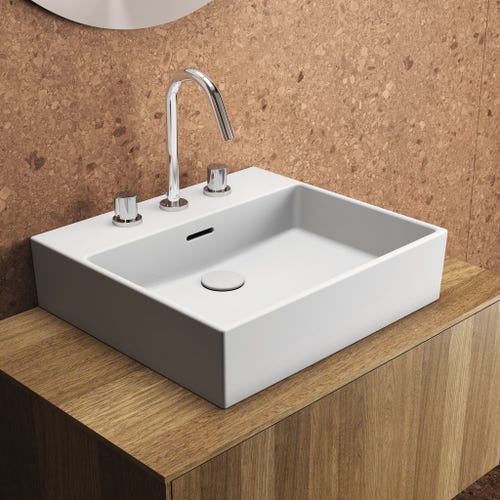 Immagine di Ideal Standard EXTRA lavabo rettificato rettangolare sospeso o da appoggio L.50 cm, 3 fori, con troppopieno, colore bianco T388501
