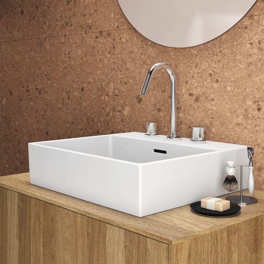 Immagine di Ideal Standard EXTRA lavabo rettificato rettangolare sospeso o da appoggio L.50 cm, 3 fori, con troppopieno, colore bianco T388501