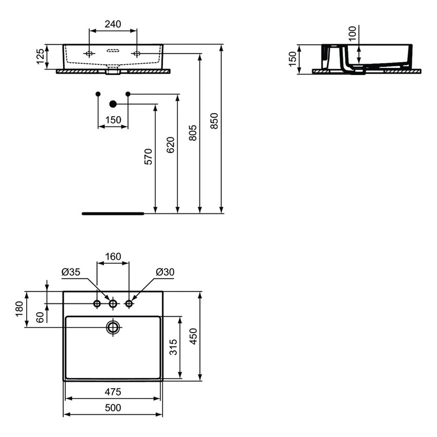Immagine di Ideal Standard EXTRA lavabo rettificato rettangolare sospeso o da appoggio L.50 cm, 3 fori, con troppopieno, colore bianco T388501