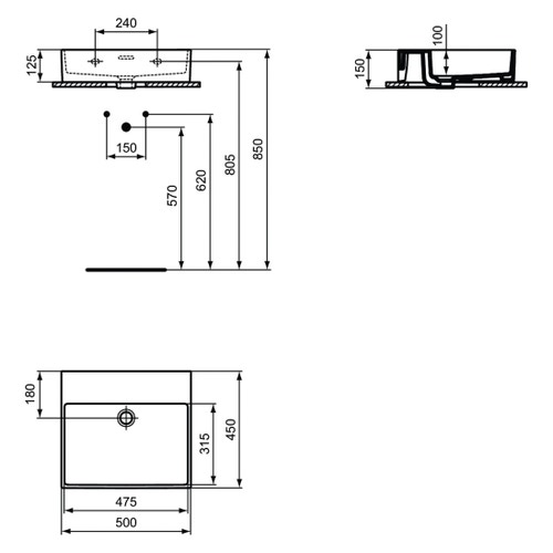 Immagine di Ideal Standard EXTRA lavabo rettificato rettangolare sospeso o da appoggio L.50 cm, con troppopieno, colore bianco T388601