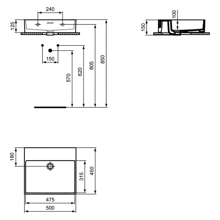 Immagine di Ideal Standard EXTRA lavabo rettificato rettangolare sospeso o da appoggio L.50 cm, con troppopieno, colore bianco T388601