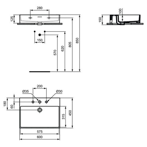 Immagine di Ideal Standard EXTRA lavabo rettangolare sospeso o da appoggio L.60 cm, 3 fori, con troppopieno, colore bianco T388701