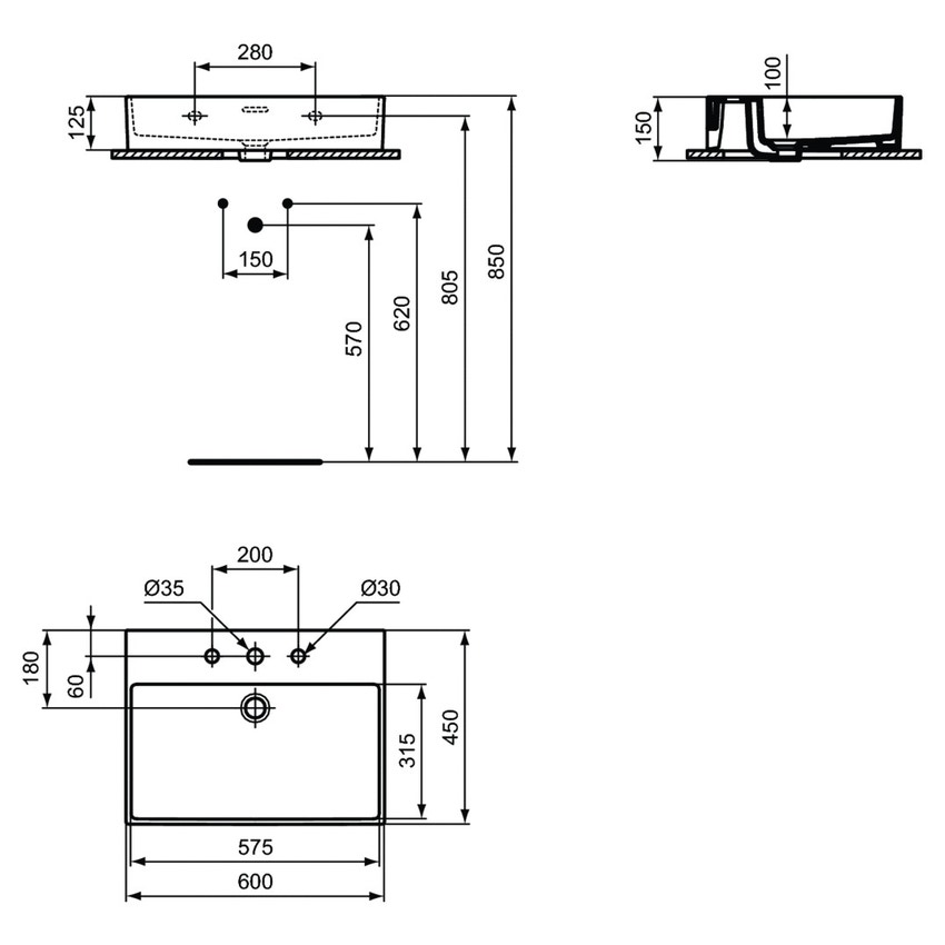 Immagine di Ideal Standard EXTRA lavabo rettangolare sospeso o da appoggio L.60 cm, 3 fori, con troppopieno, colore bianco T388701