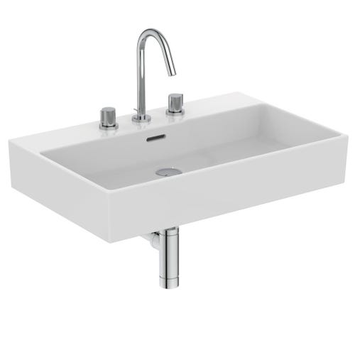 Immagine di Ideal Standard EXTRA lavabo smaltato rettangolare sospeso o da appoggio L.70 cm, 3 fori, con troppopieno, colore bianco T389201