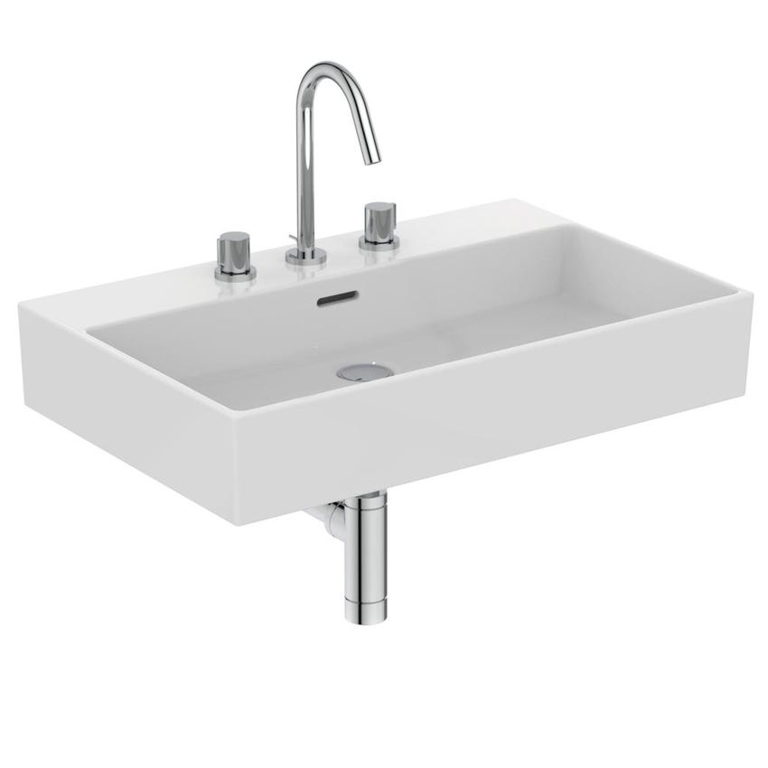 Immagine di Ideal Standard EXTRA lavabo smaltato rettangolare sospeso o da appoggio L.70 cm, 3 fori, con troppopieno, colore bianco T389201