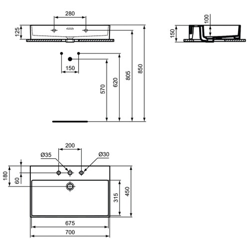 Immagine di Ideal Standard EXTRA lavabo smaltato rettangolare sospeso o da appoggio L.70 cm, 3 fori, con troppopieno, colore bianco T389201