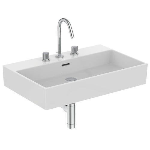 Immagine di Ideal Standard EXTRA lavabo rettificato rettangolare sospeso o da appoggio L.70 cm, 3 fori, con troppopieno, colore bianco T389501