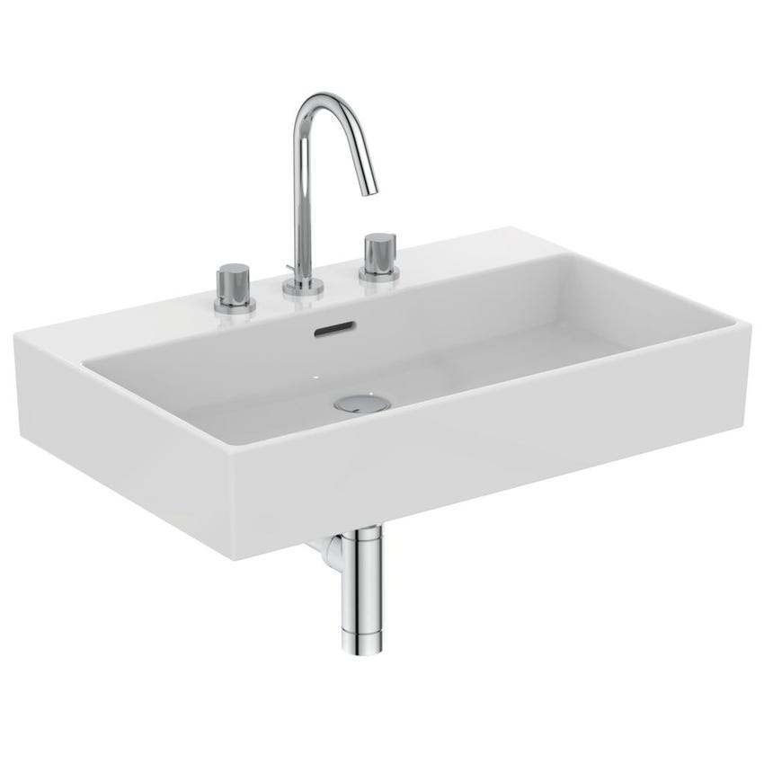 Immagine di Ideal Standard EXTRA lavabo rettificato rettangolare sospeso o da appoggio L.70 cm, 3 fori, con troppopieno, colore bianco T389501