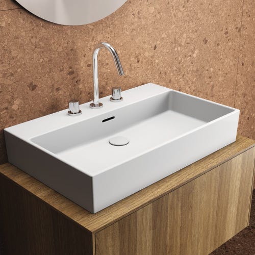 Immagine di Ideal Standard EXTRA lavabo rettificato rettangolare sospeso o da appoggio L.70 cm, 3 fori, con troppopieno, colore bianco T389501
