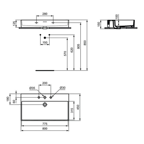 Immagine di Ideal Standard EXTRA lavabo rettangolare sospeso o da appoggio L.80 cm, 3 fori, con troppopieno, colore bianco T389701