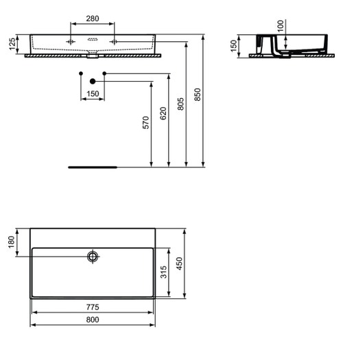 Immagine di Ideal Standard EXTRA lavabo rettangolare sospeso o da appoggio L.80 cm, con troppopieno, colore bianco T389801