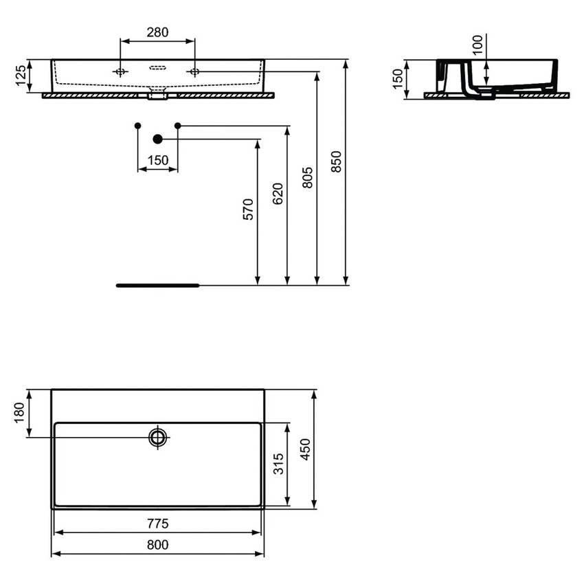Immagine di Ideal Standard EXTRA lavabo rettangolare sospeso o da appoggio L.80 cm, con troppopieno, colore bianco T389801