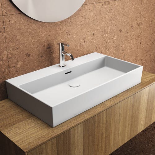 Immagine di Ideal Standard EXTRA lavabo rettangolare da appoggio L.80 cm, monoforo, con troppopieno, colore bianco T389901