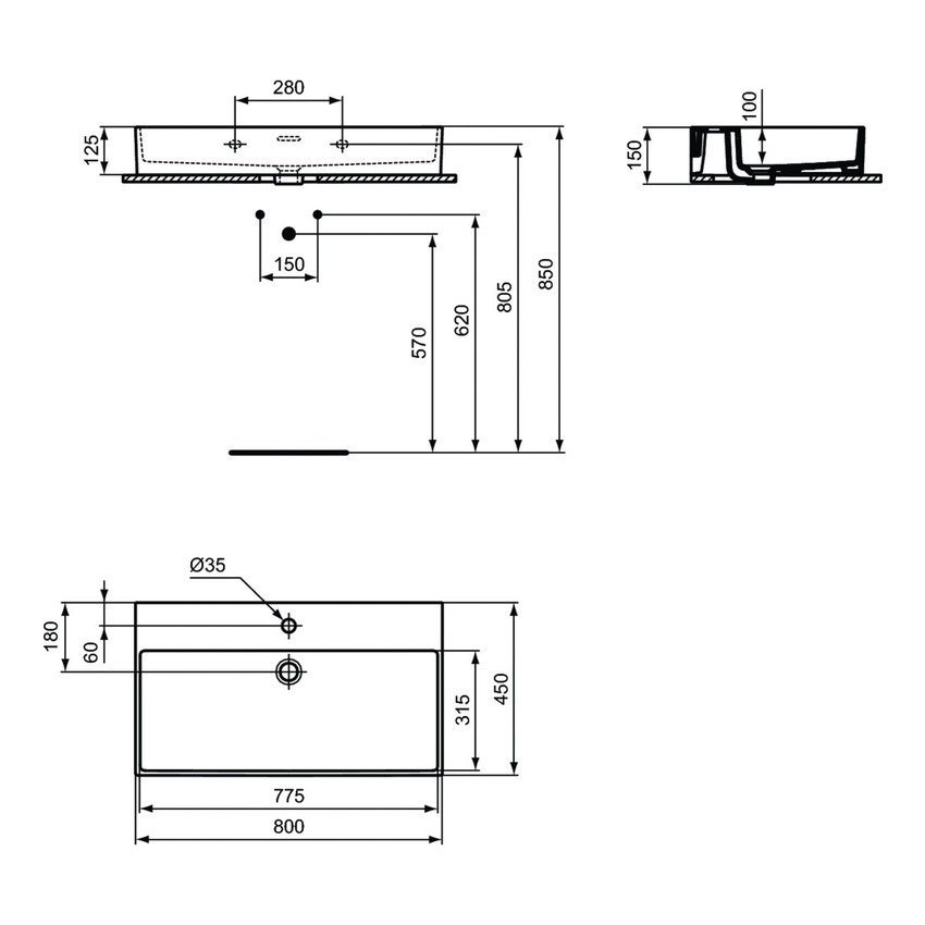 Immagine di Ideal Standard EXTRA lavabo rettangolare da appoggio L.80 cm, monoforo, con troppopieno, colore bianco T389901