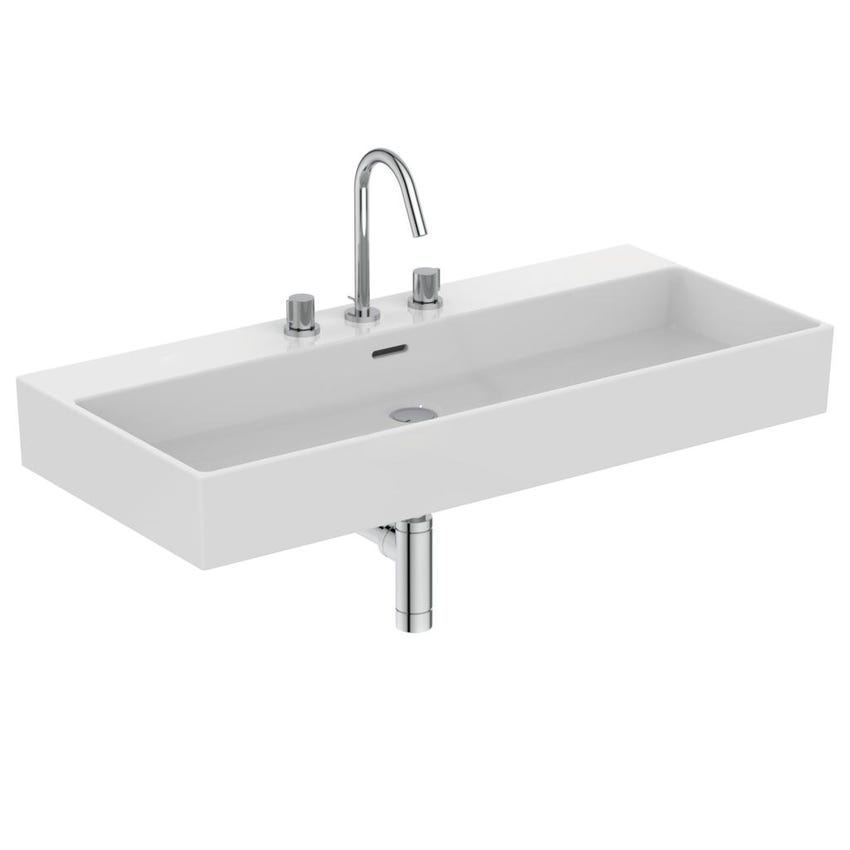 Immagine di Ideal Standard EXTRA lavabo rettangolare sospeso o da appoggio L.100 cm, 3 fori, con troppopieno, colore bianco T390301