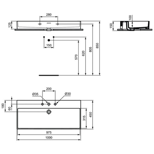 Immagine di Ideal Standard EXTRA lavabo rettangolare sospeso o da appoggio L.100 cm, 3 fori, con troppopieno, colore bianco T390301