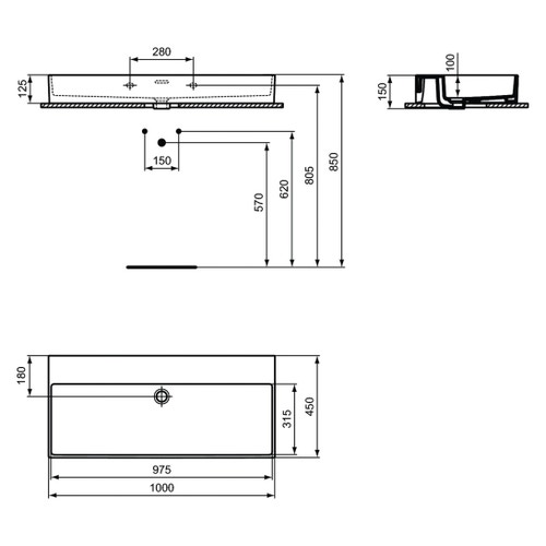 Immagine di Ideal Standard EXTRA lavabo rettangolare sospeso o da appoggio L.100 cm, con troppopieno, colore bianco T390401