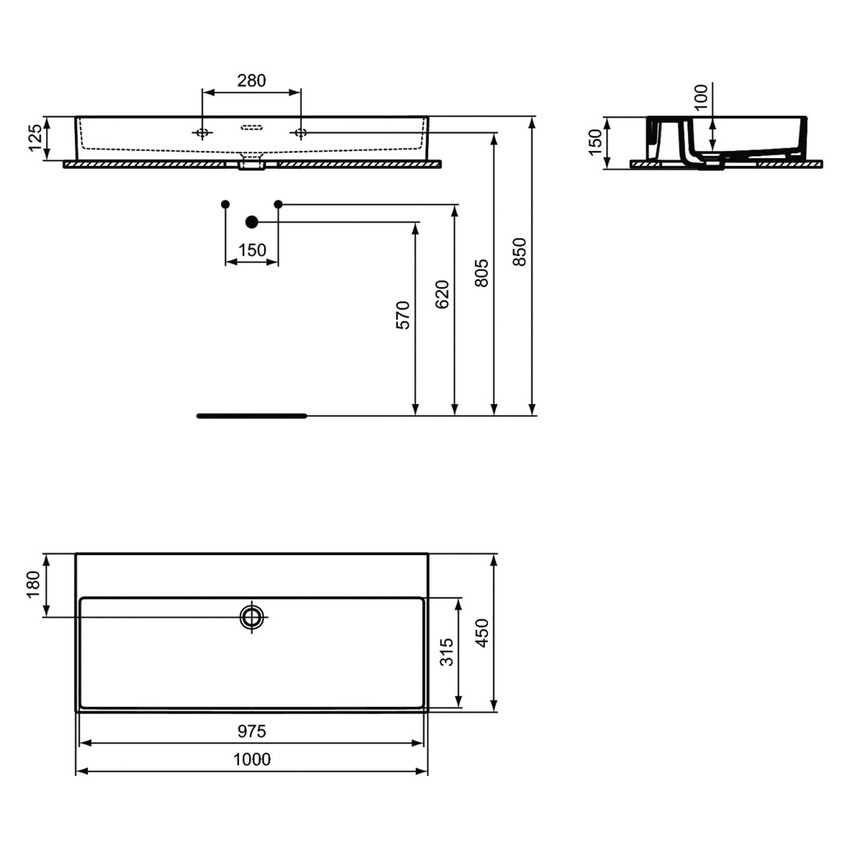 Immagine di Ideal Standard EXTRA lavabo rettangolare sospeso o da appoggio L.100 cm, con troppopieno, colore bianco T390401