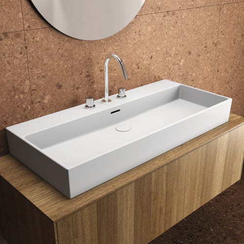 Immagine di Ideal Standard EXTRA lavabo rettangolare da appoggio L.100 cm, 3 fori, con troppopieno, colore bianco T390701