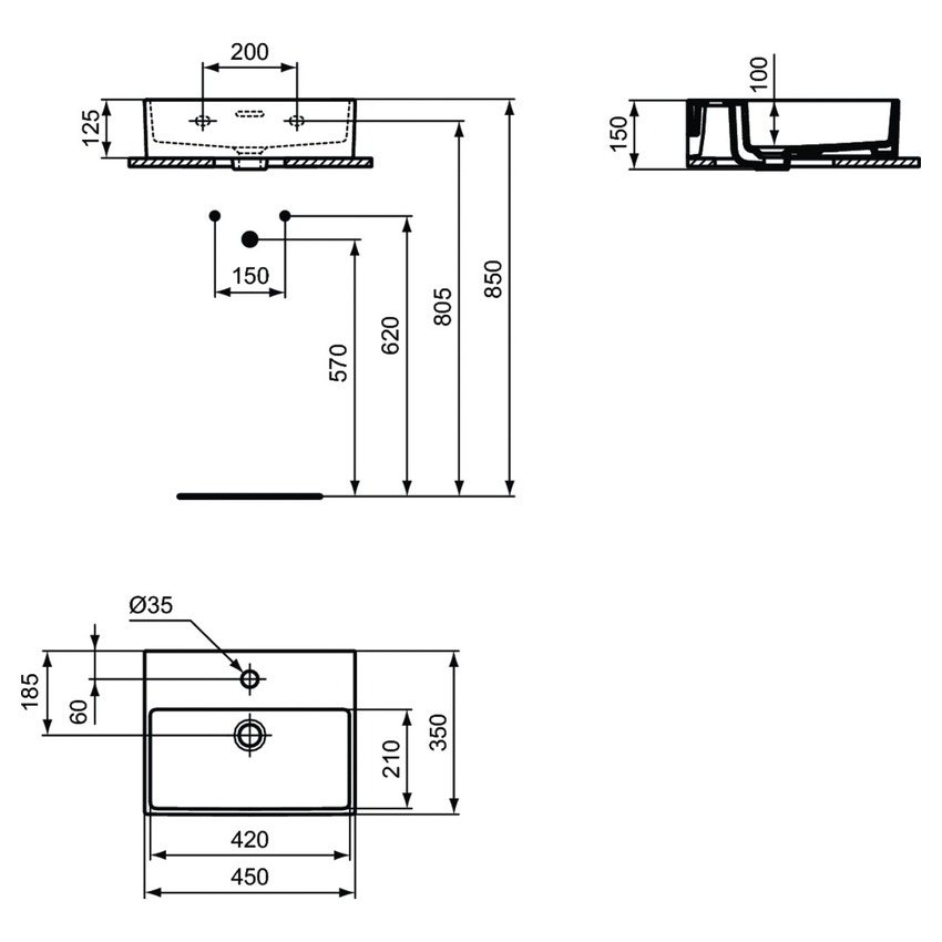 Immagine di Ideal Standard EXTRA lavamani rettificato sospeso o da appoggio L.45 cm, monoforo, con troppopieno, colore bianco T391701