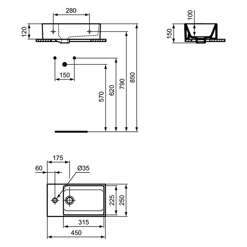 Immagine di Ideal Standard EXTRA lavamani asimmetrico da appoggio L.45 cm, monoforo, con troppopieno, colore bianco T392001