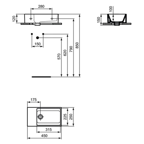 Immagine di Ideal Standard EXTRA lavamani asimmetrico da appoggio L.45 cm, con troppopieno, colore bianco T392101