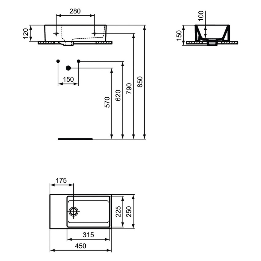 Immagine di Ideal Standard EXTRA lavamani asimmetrico da appoggio L.45 cm, con troppopieno, colore bianco T392101