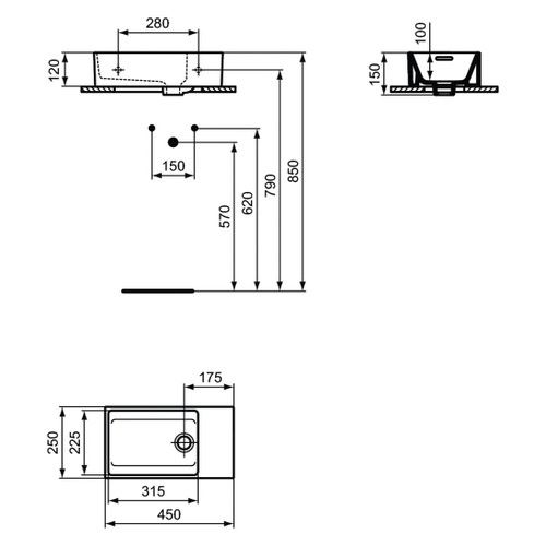 Immagine di Ideal Standard EXTRA lavamani asimmetrico da appoggio L.45 cm, monoforo, con troppopieno, colore bianco T392401