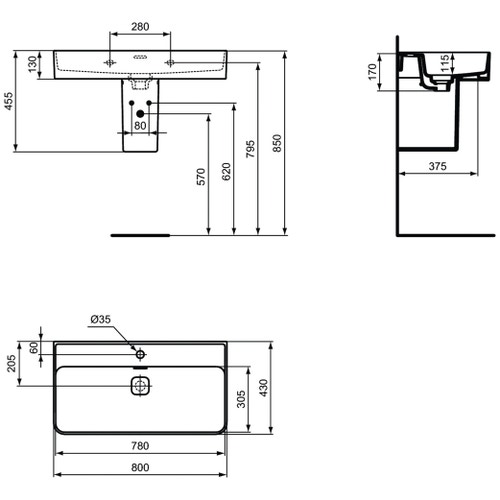 Immagine di Ideal Standard STRADA II lavabo rettangolare L.80 cm, monoforo, con troppopieno, colore bianco T300101