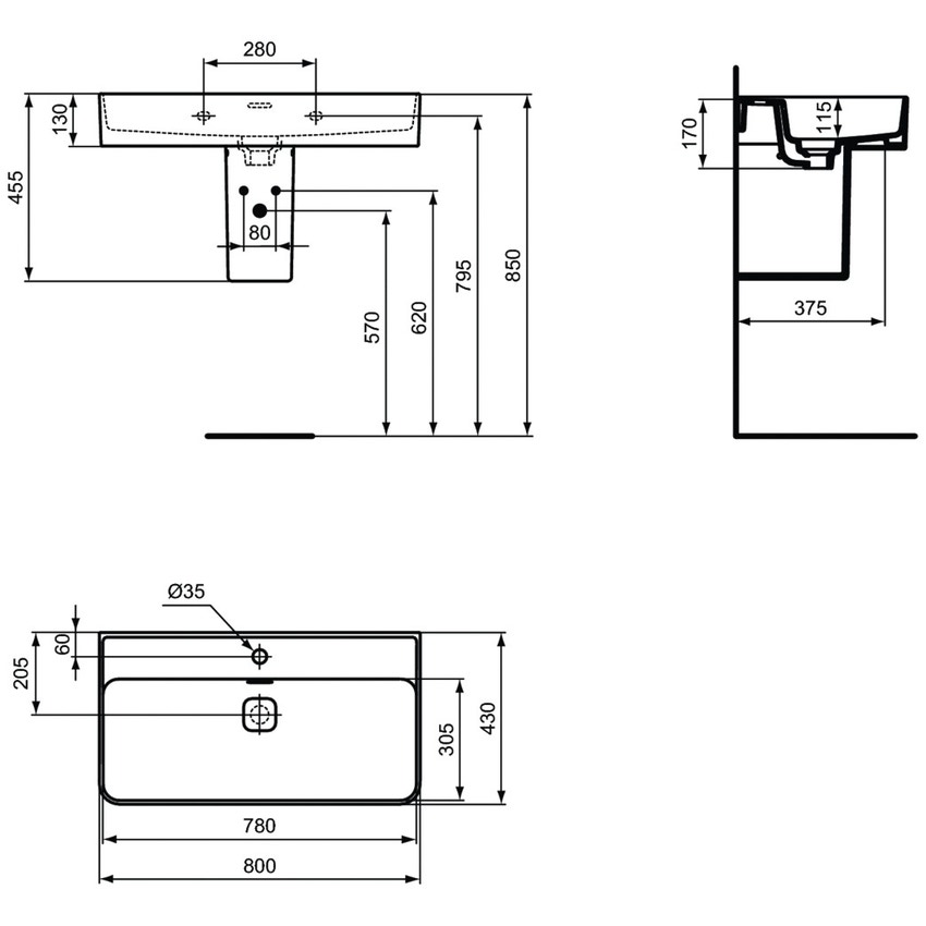 Immagine di Ideal Standard STRADA II lavabo rettangolare L.80 cm, monoforo, con troppopieno, colore bianco T300101