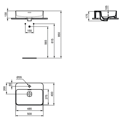 Immagine di Ideal Standard STRADA II lavabo rettangolare da appoggio L.50 cm monoforo, con troppopieno, colore bianco T296601