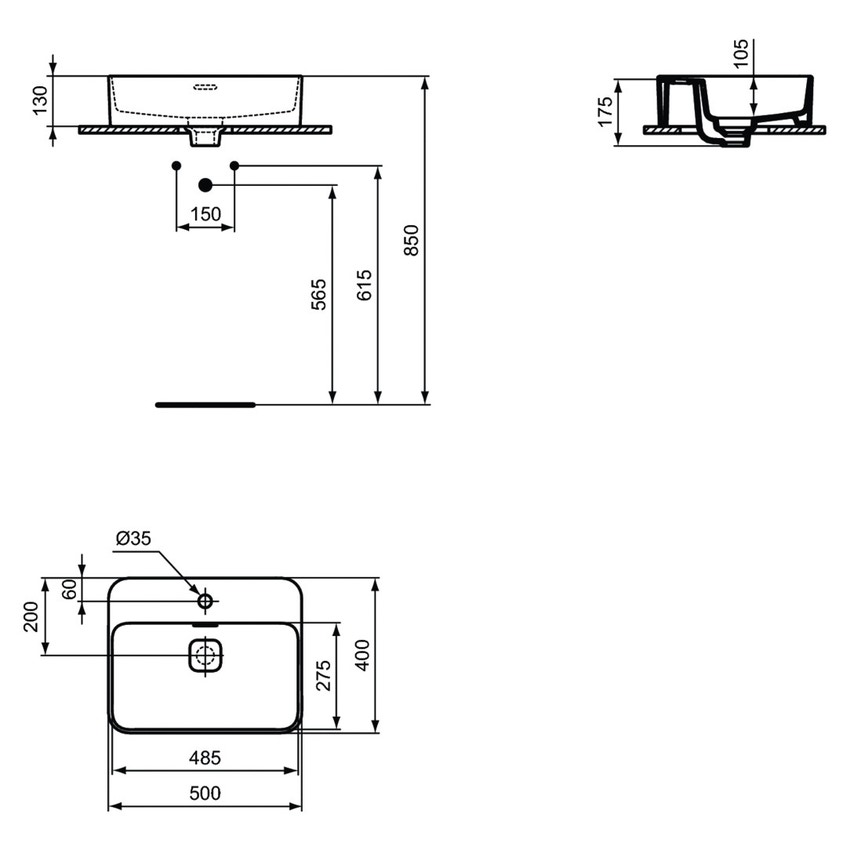 Immagine di Ideal Standard STRADA II lavabo rettangolare da appoggio L.50 cm monoforo, con troppopieno, colore bianco T296601