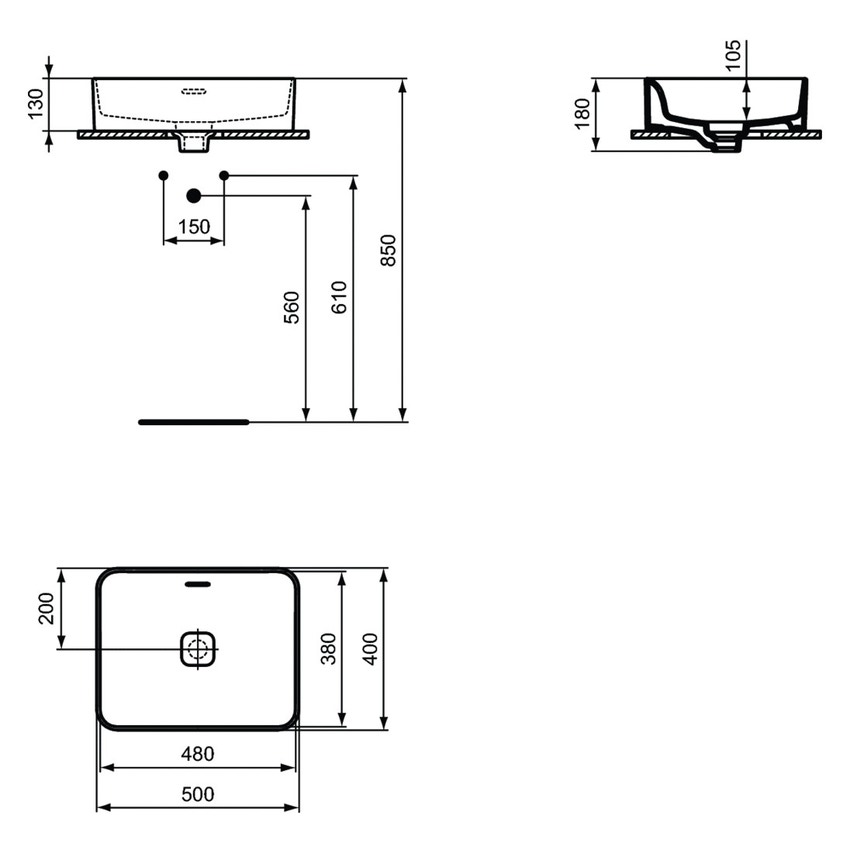 Immagine di Ideal Standard STRADA II lavabo rettangolare da appoggio L.50 cm, con troppopieno, colore bianco T296501