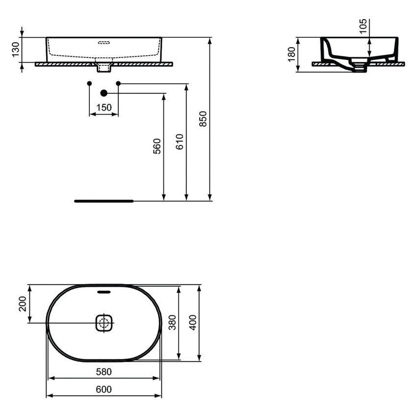Immagine di Ideal Standard STRADA II lavabo ovale da appoggio L.60 cm, con troppopieno, colore bianco T360401