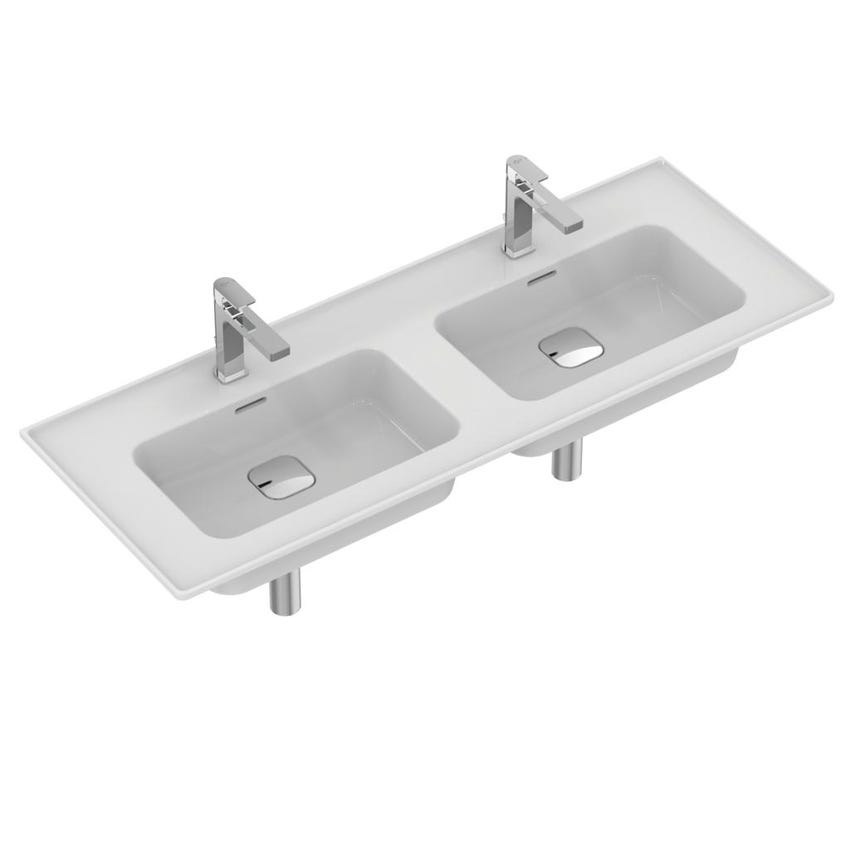 Immagine di Ideal Standard STRADA II lavabo top rettangolare L.120 cm con doppio bacino, monoforo per doppia rubinetteria, con troppopieno, colore bianco T300501
