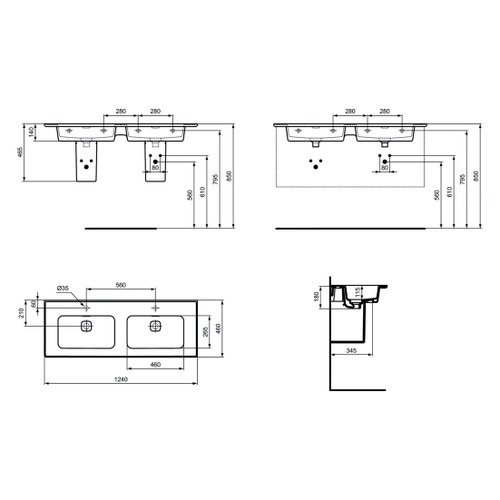 Immagine di Ideal Standard STRADA II lavabo top rettangolare L.120 cm con doppio bacino, monoforo per doppia rubinetteria, con troppopieno, colore bianco T300501